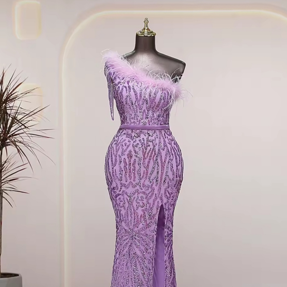 Purple,  Geo Print, Assymmetrical Neck,  Ostrich Feather, Beaded,  Sequined Gown - Picture 10 of 16